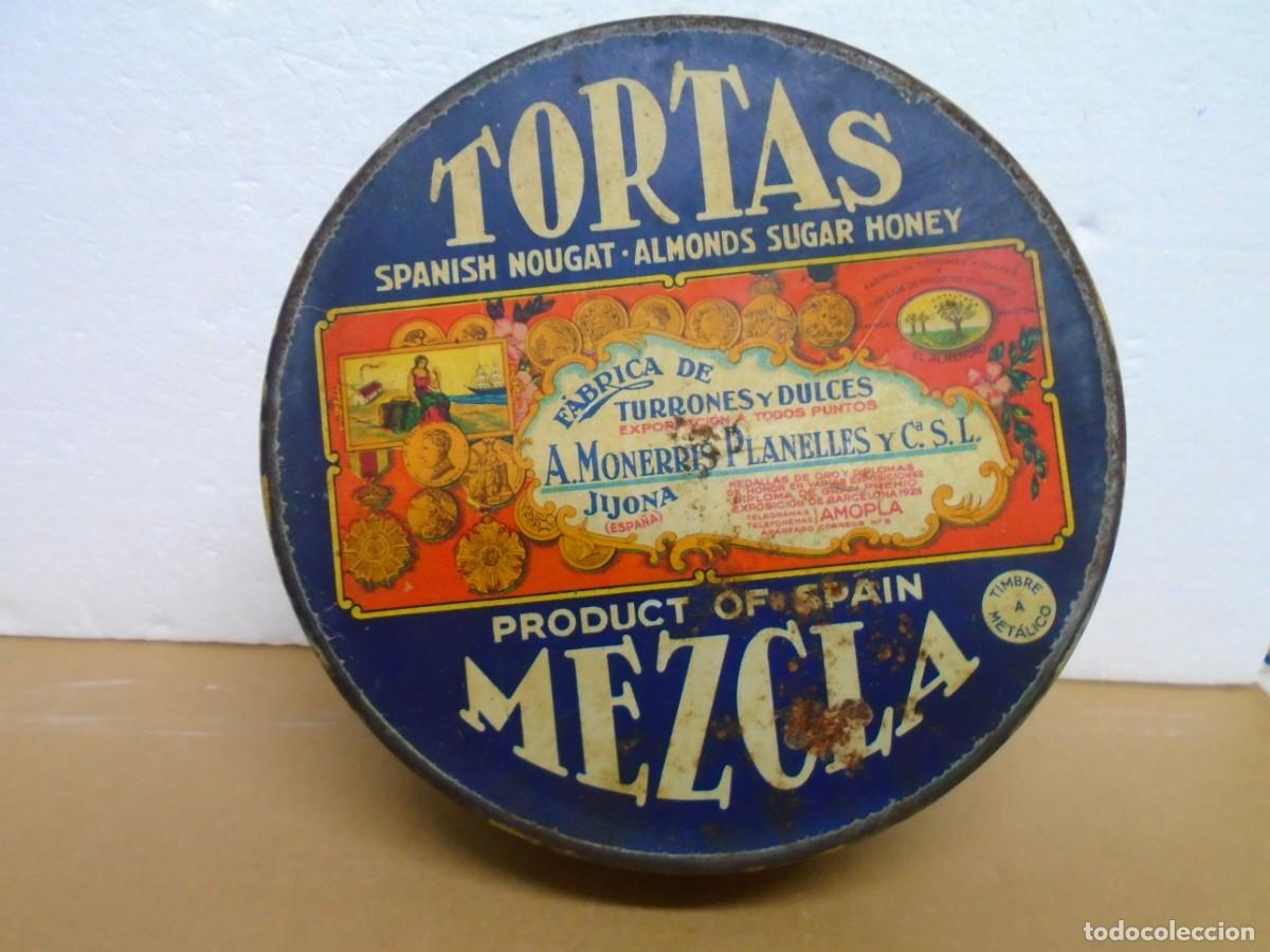 Cajas y cajitas met&aacute;licas: ANTIGUA HOJALATA LITOGRAFIADA DE TORTAS TURRONES Y DULCES MONERRIS PLANELLES JIJONA.20X6 CM.