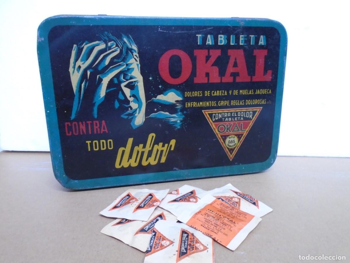 Cajas y cajitas met&aacute;licas: ANTIGUA CAJA LITOGRAFIADA DE TABLETA OKAL,23X15X5 CM.CONTIENE 6 TABLETAS SIN ABRIR.
