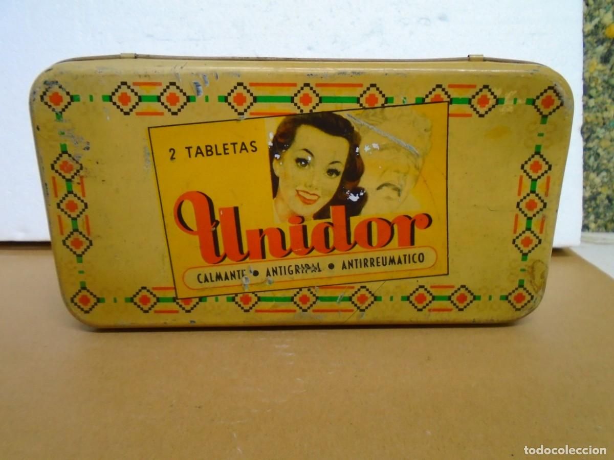 Cajas y cajitas met&aacute;licas: ANTIGUA CAJA LITOGRAFIADA DE &rdquo;UNIDOR&rdquo;CALMANTE-ANTIGRIPAL-ANTIRREUMATICO.23X12X7 CM.