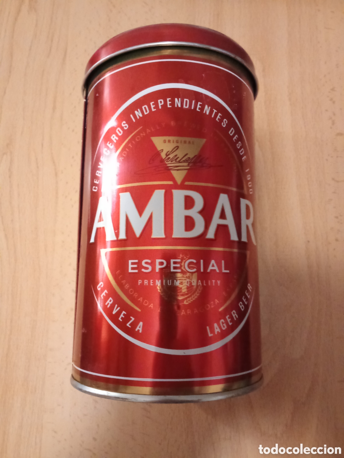 Cajas y cajitas met&aacute;licas: Cervezas AMBAR publicidad HUCHA metalica 19 cm altura FVT