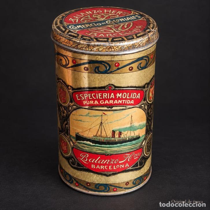 Cajas y cajitas met&aacute;licas: (LA-261000)CAJA LITOGRAFIADA ESPECIERIA MOLIDA BALANZO HNOS.COMERCIO DE COLONIALES