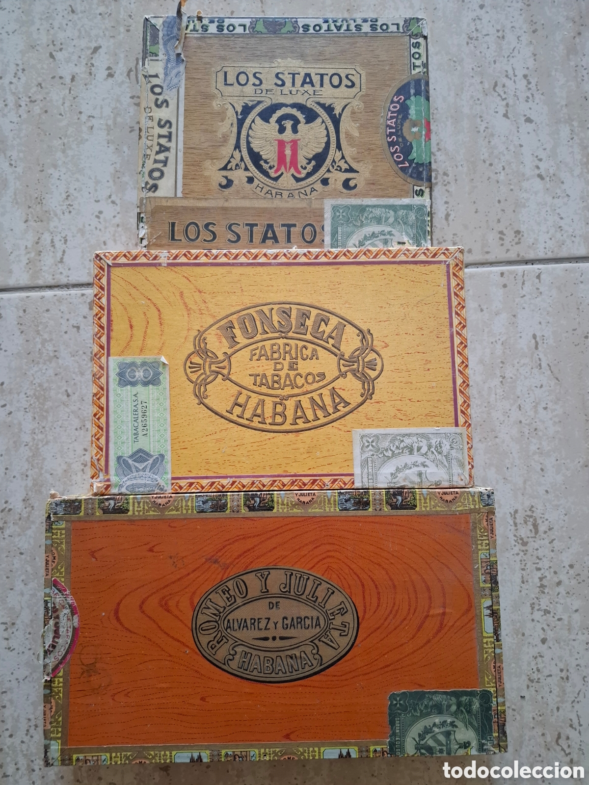 Cajas y cajitas met&aacute;licas: 3 cajas de puros vac&iacute;as. LOS STATOS , FONSECA Y JOMEO Y JULIETA