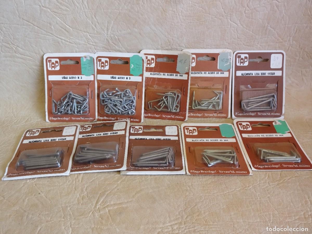 Caixas e caixinhas met&aacute;licas: lote 10 blisters de alcayatas y u&ntilde;as nuevos! de antigua ferreteria Brico Tap Terrassa