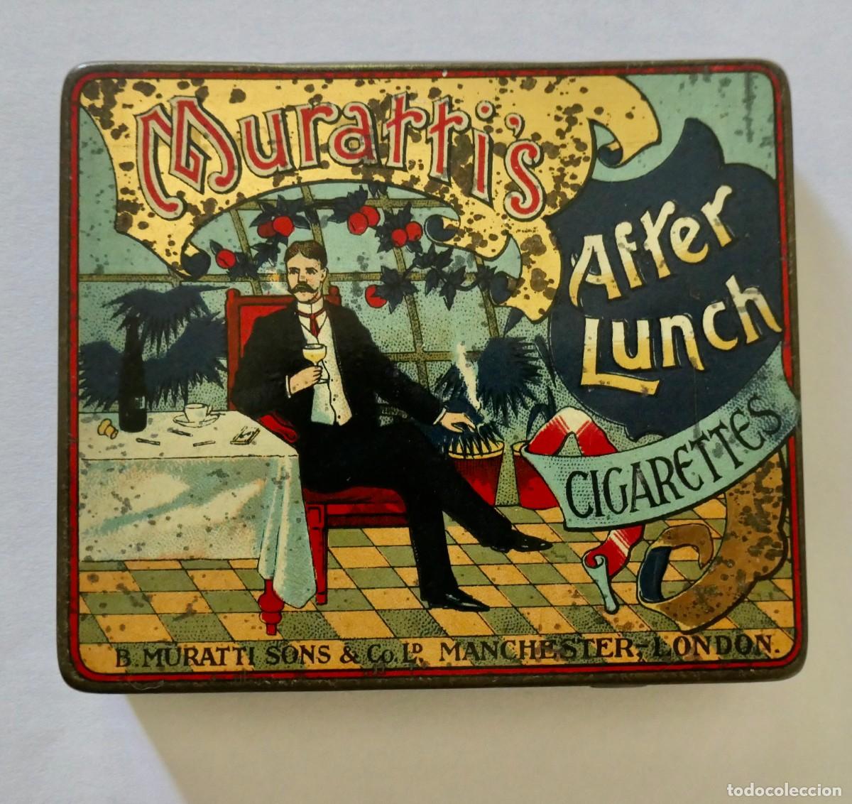 Cajas y cajitas met&aacute;licas: Lata tabaco antigua, Muratti After Lunch, caja cigarrillos vintage, lata litografiada publicitaria,