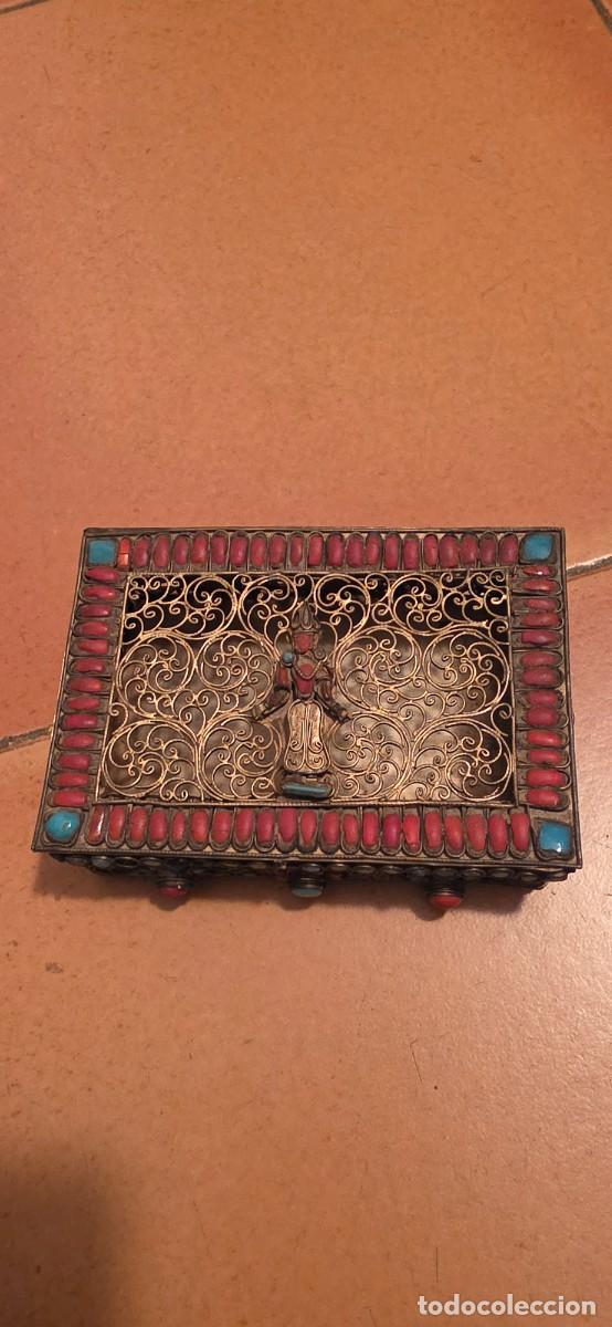 Cajas y cajitas met&aacute;licas: Preciosa caja plata tibetana voral y turquesa