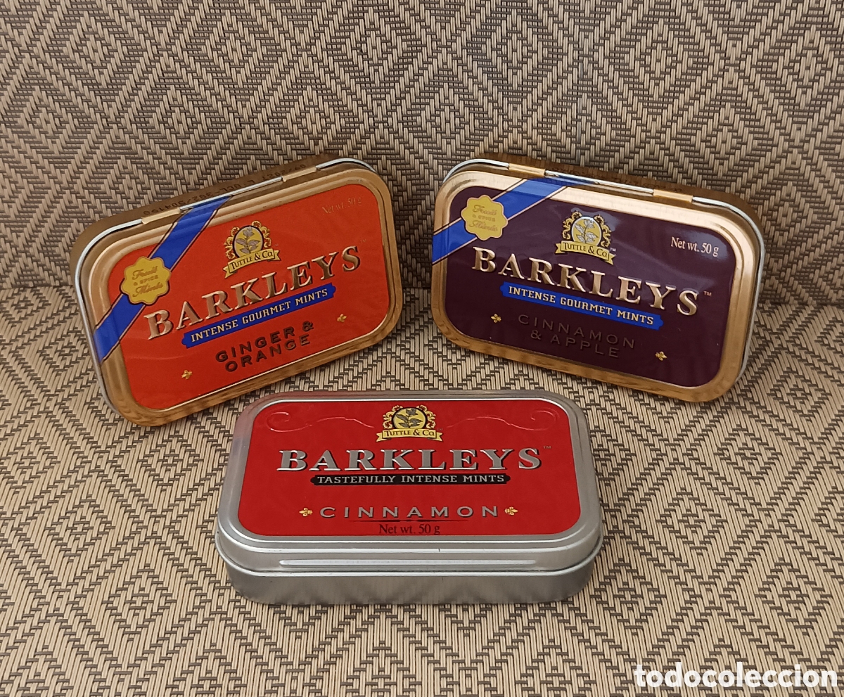 Cajas y cajitas met&aacute;licas: Lote 3 latas met&aacute;licas de caramelos BARKLEYS: Cinnamon + Cinnamon & Apple + Ginger & Orange. VAC&Iacute;AS.