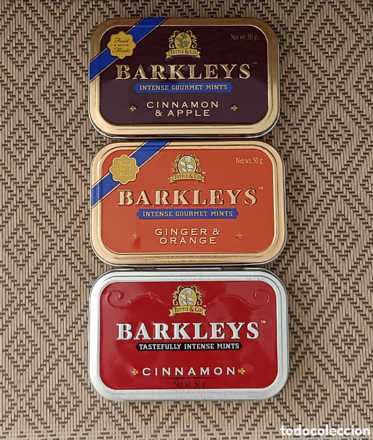 Cajas y cajitas met&aacute;licas: Lote 3 latas met&aacute;licas de caramelos BARKLEYS: Cinnamon + Cinnamon & Apple + Ginger & Orange. VAC&Iacute;AS.