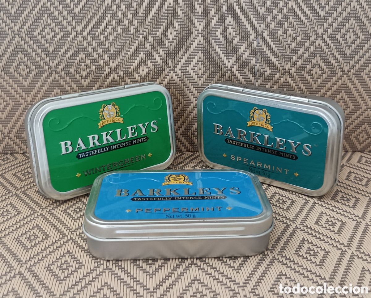 Cajas y cajitas met&aacute;licas: Lote 3 latas met&aacute;licas de caramelos de menta BARKLEYS: Peppermint + Spearmint + Wintergreen. VAC&Iacute;AS