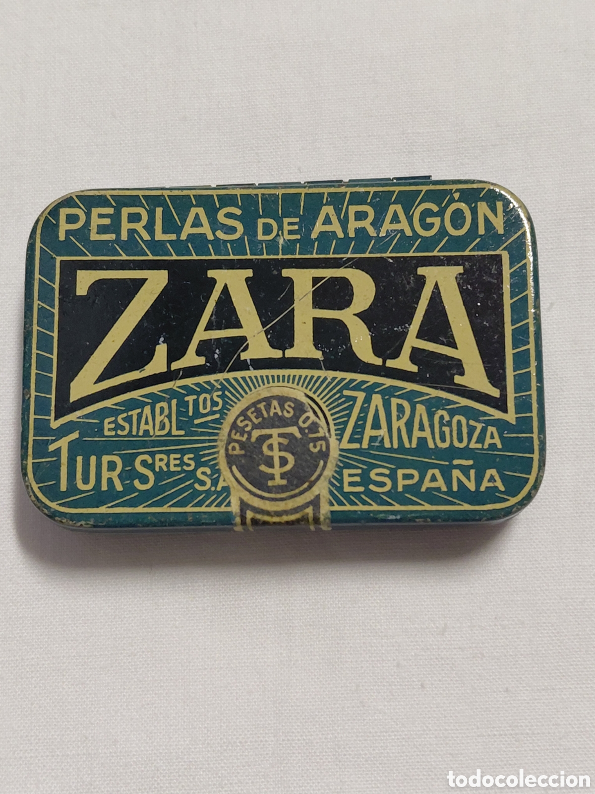 Cajas y cajitas met&aacute;licas: ANTIGUA CAJA FARMACIA LITOGRAFIADA, PERLAS DE ARAGON ZARA, MEDIDAS 6,2 X 4,2 X 1,2