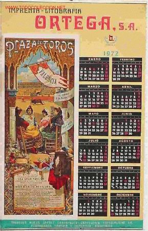 Collectionnisme Calendriers: CALENDARIO 1972 LITOGRAFIA ORTEGA VALENCIA