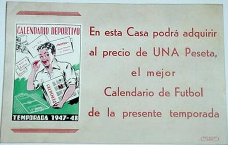 Colecionismo Calend&aacute;rios: PUBLICIDAD ANTIGUA EN CARTULINA DE CALENDARIO DEPORTIVO TEMPORADA 47-48