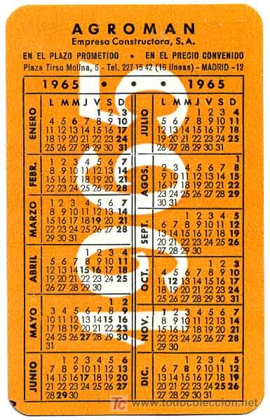 Colecionismo Calend&aacute;rios: CALENDARIO   AGROMAN   1965  CAL663  REVERSO 1966