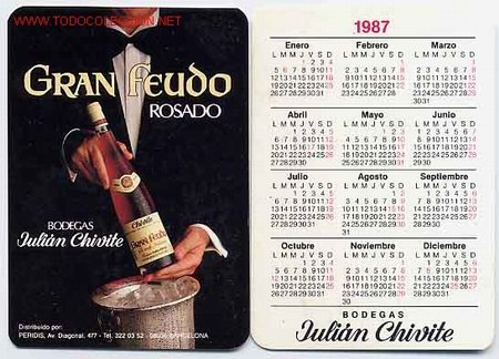Sammeln von Kalendern: CALENDARIO VINO GRAN FEUDO ROSADO, BODEGAS JULIAN CHIVITE , 1987, CAD 78