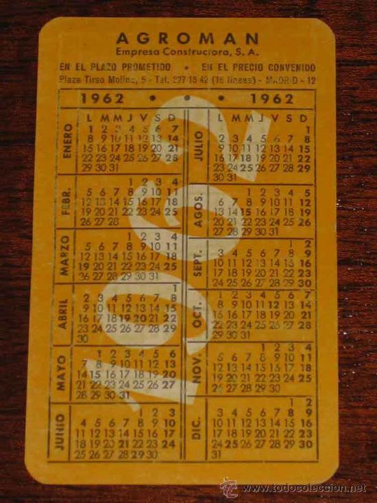 Colecionismo Calend&aacute;rios: CALENDARIO DE BOLSILLO 1962 PUBLICIDAD AGROMAN