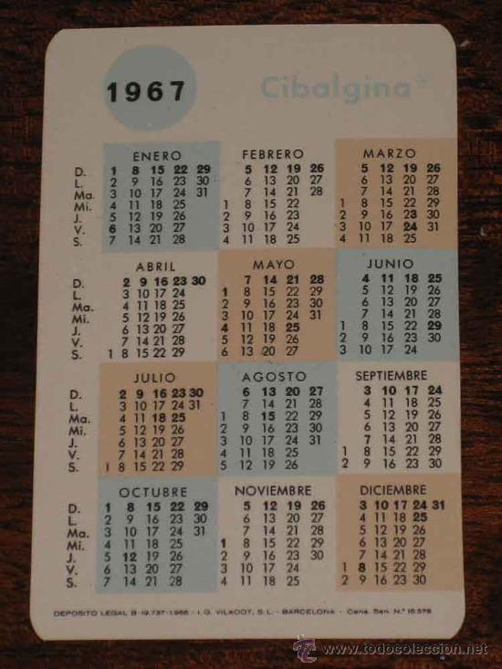 Colecionismo Calend&aacute;rios: CALENDARIO 1967 - PUBLICIDAD DE CIBALGINA