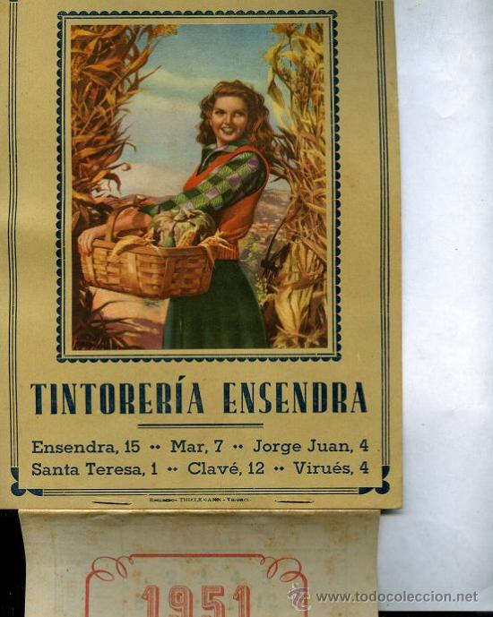 Coleccionismo Calendarios: CALENDARIO PARED TINTORERIA ENSENDRA, A&Ntilde;O 1951, VALENCIA, COMPLETO, oferta solo hoy