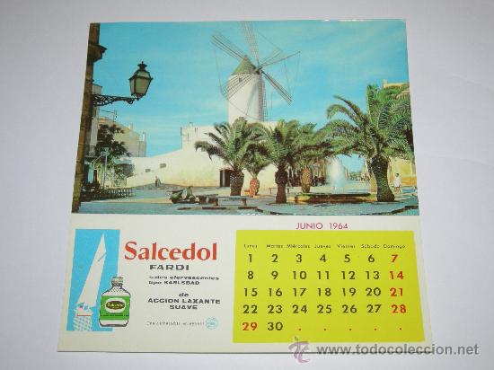 Coleccionismo calendarios: Calendario junio 1964 con postal de Menorca y publicidad de Salcedol