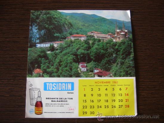 Coleccionismo calendarios: Calendario Noviembre 1965 con postal del santuario de Covadonga (Asturias) y publicidad de Tosidrin