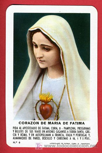 Colecionismo Calend&aacute;rios: CALENDARIO FOURNIER , RELIGIOSO CORAZON DE MARIA DE FATIMA  , 1974 , CAL3804