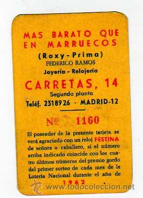 Colecionismo Calend&aacute;rios: Calendario tipo fournier 1962. Mas barato que en Marruecos. Roxy Prima. Joyeria Relojeria.