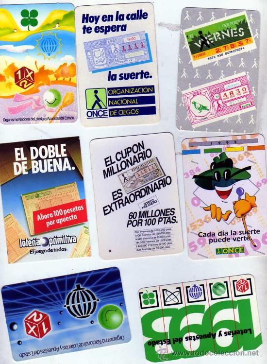 Colecionismo Calend&aacute;rios: Lote de 8 calendarios de la Once y loterias y apuestas. 1993,1984,1985,1986,19 1988, fournier 1991,
