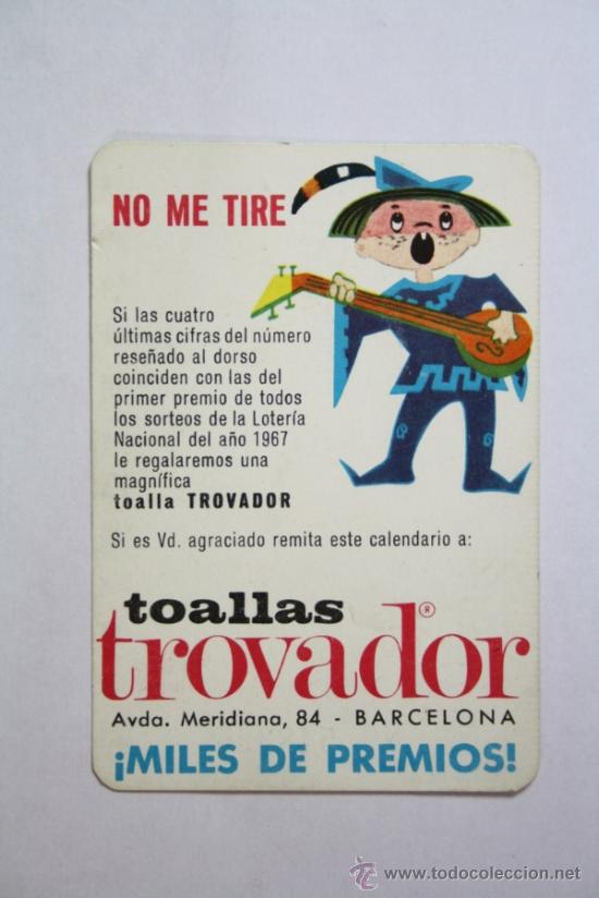 Collectionnisme Calendriers: Calendario Publicidad Toallas Trovador, A&ntilde;o 1967