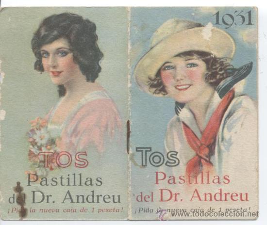 Coleccionismo Calendarios: Calendario Pastillas del Doctor Andreu. Barcelona. Tos, asma, mentholina. A&ntilde;o 1931