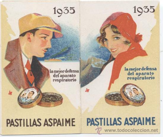 Coleccionismo Calendarios: Calendario. A&ntilde;o 1935.. Pastillas y pomada Aspaime. Dr. Soivr&eacute;.  Laboratorio Sokatarg, Barcelona.