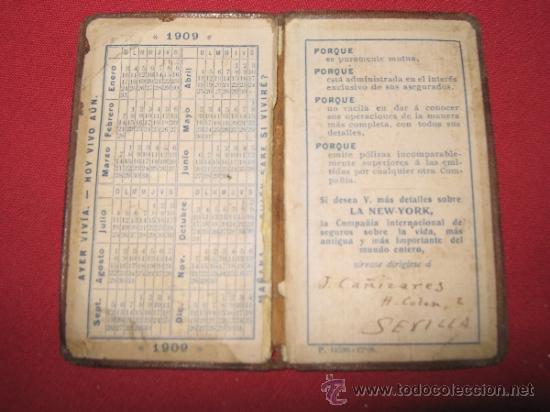 Coleccionismo Calendarios: CALENDARIO DE BOLSILLO DE 1909 - PUBLICIDAD DE SEGUROS NEW YORK - CARPETILLA PIEL