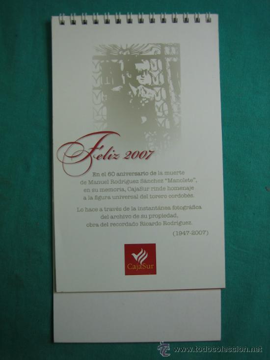 Coleccionismo Calendarios: Calendario Caja Sur 2007 dedicado a MANOLETE