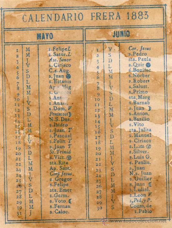 Coleccionismo calendarios: calendario frera,1883 mayo y junio - Foto 2