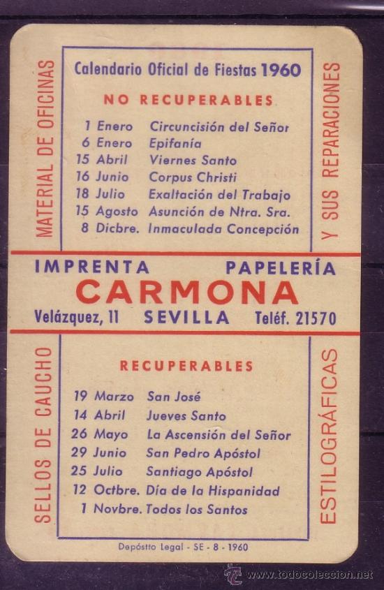 Collectionnisme Calendriers: CALENDARIO DE BOLSILLO DE 1960 - IMPRENTA CARMONA - CALENDARIO OFICIAL DE FIESTAS
