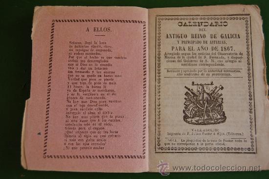 Coleccionismo calendarios: CALENDARIO DEL ANTIGUO REINO DE GALICIA Y PRINCIPADO DE ASTURIAS PARA EL A&Ntilde;O 1867