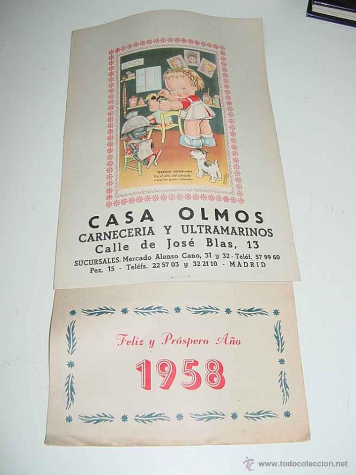 Collezionismo Calendari: ANTIGUO CALENDARIO DE 1958 CON PUBLICIDAD DE LA CASA OLMOS, CARNECERIA Y ULTRAMARINOS , MADRIDMIDE 3