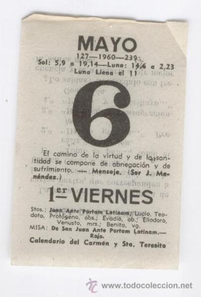 Coleccionismo Calendarios: HOJITA CALENDARIO 6 DE MAYO DE 1960 -1ER. VIERNES. SANTOS: JUAN, LUCIO, TEODORO, PROT&Oacute;GENO, ELIODORO