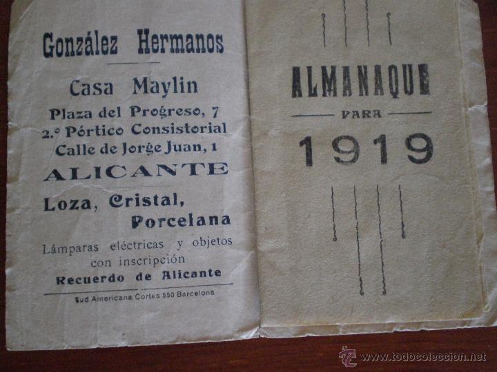 Coleccionismo calendarios: 1919 ALICANTE. ALMANAQUE DE BOLSILLO GONZALEZ HERMANOS. CASA MAYLIN. PLAZA DEL PROGRESO 7