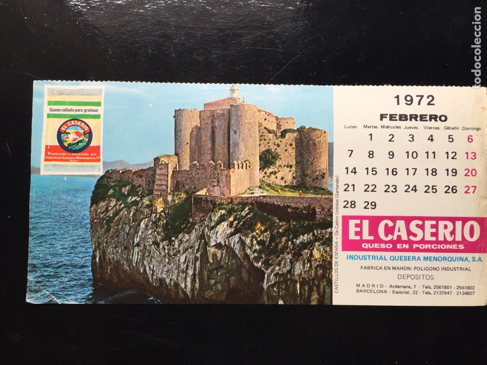 Coleccionismo calendarios: Hoja calendario Febrero 1971 // Publicidad El caser&iacute;o // Castillo Castro Urdiales (Santander)