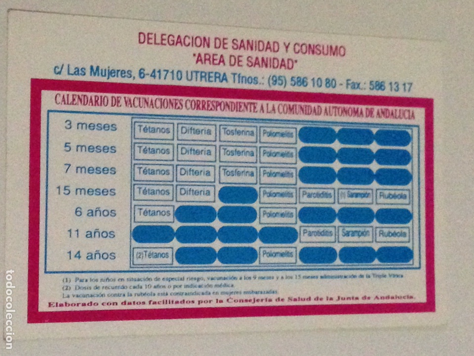 Coleccionismo Calendarios: Calendario de vacunaciones correspondiente a la comunidad autonoma de andalucia.