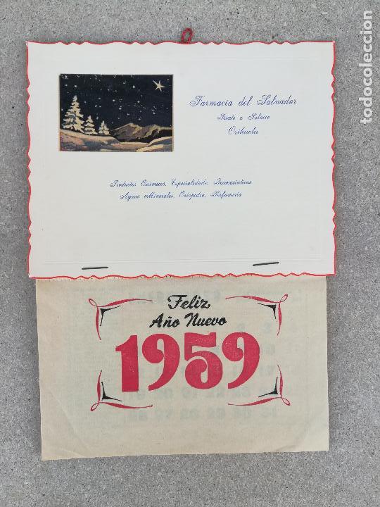 Coleccionismo calendarios: Peque&ntilde;o calendario de pared Farmacia del Salvador, Orihuela - 1959, nuevo sin uso