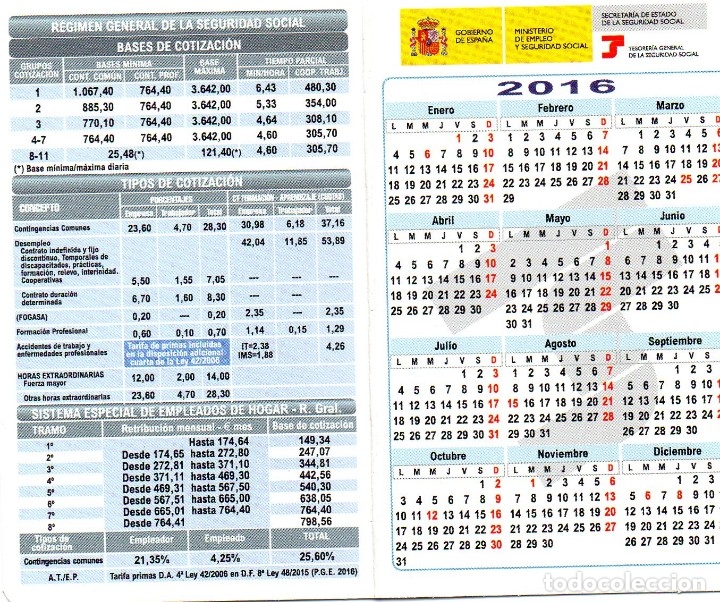 Coleccionismo Calendarios: Calendario de Publicidad 2016 - SEGURIDAD SOCIAL (DIPTICO)