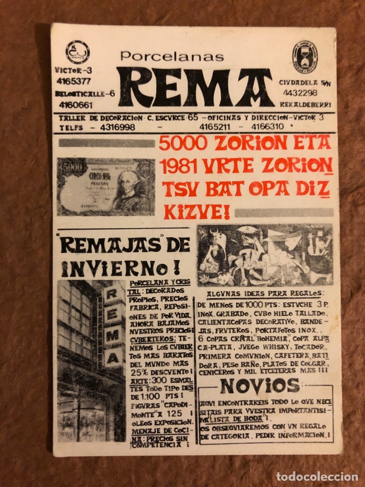 Collectables Calendars: PORCELANAS REMA (BILBAO). CALENDARIO PUBLICITARIO DEL A&Ntilde;O 1981. 6,1 x 9,1 Cms.