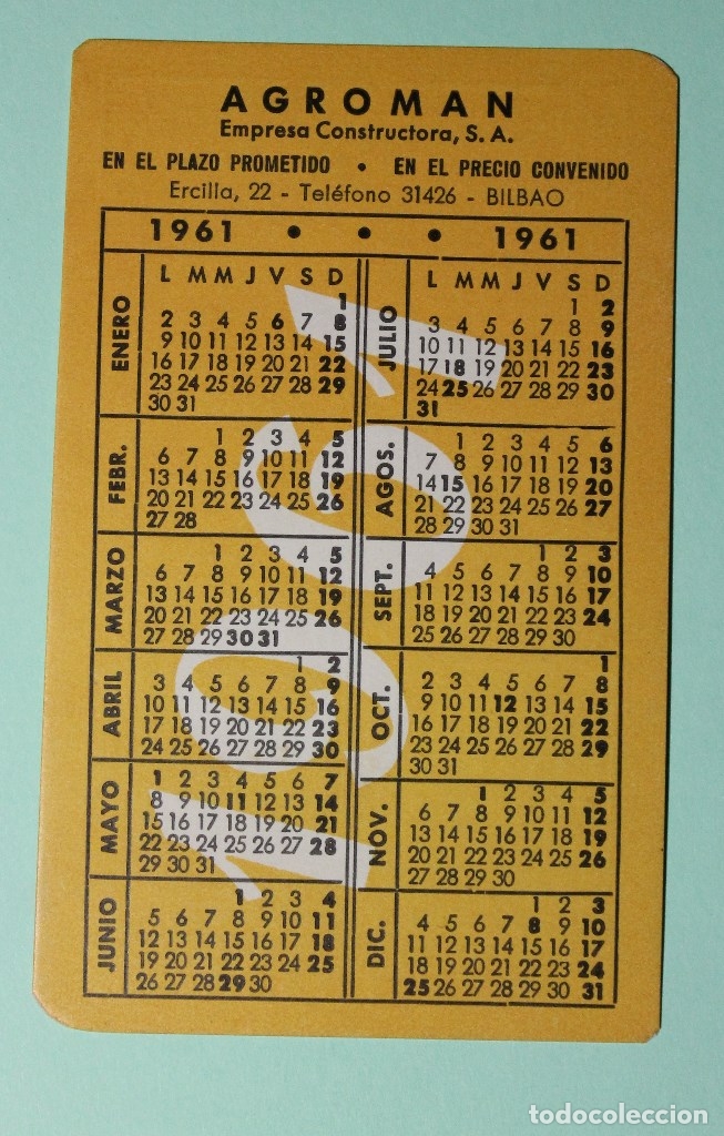 Coleccionismo Calendarios: CALENDARIO NO FOURNIER. AGROMAN CONSTRUCTORA. A&Ntilde;OS 1961 - 1962. BILBAO. PERFECTO.