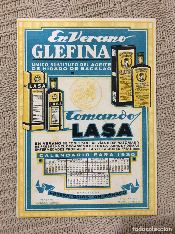 Colecionismo Calend&aacute;rios: Calendario secante glefina 1930, medidas 14,5 x 10,3 cm.