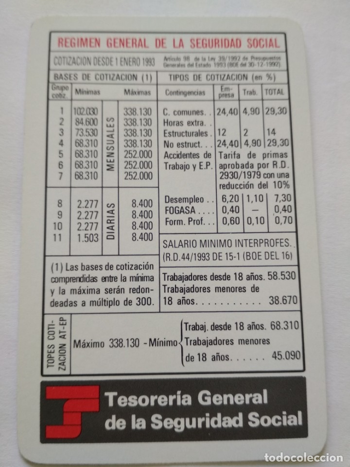 Coleccionismo calendarios: Calendario fournier de la Tesorer&iacute;a de la seguridad social 1993