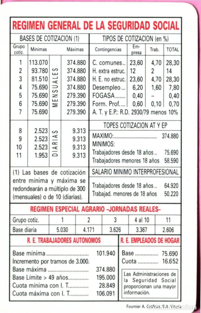Collectables Calendars: CALENDARIO DE BOLSILLO PUBLICITARIO H. FOURNIER 1996 TESORERIA GENERAL DE LA SEGURIDAD SOCIAL