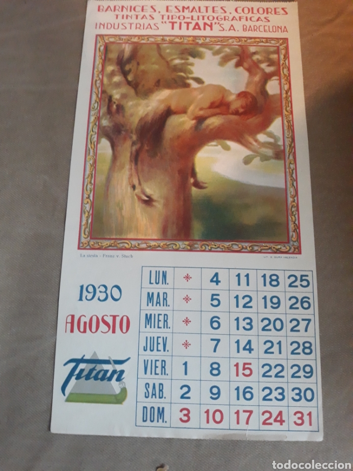 Sammeln von Kalendern: CALENDARIO DE INDUSTRIAS TITAN A&Ntilde;O 1930 . MES DE AGOSTO.32 x 17 cm