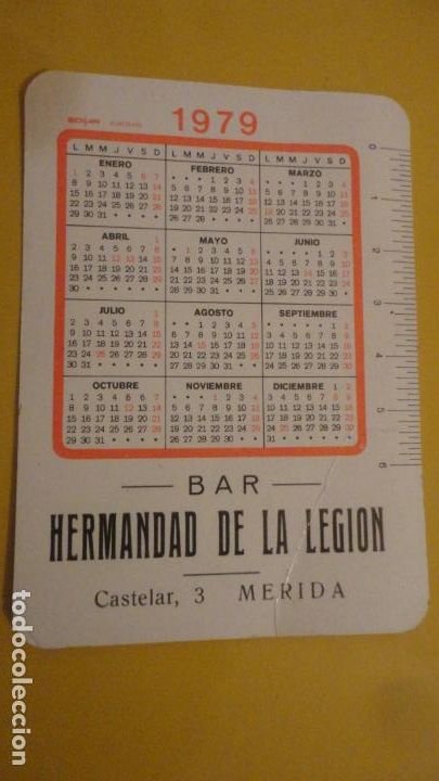 Coleccionismo calendarios: ANTIGUO CALENDARIO BAR HERMANDAD DE LA LEGION.MERIDA 1979