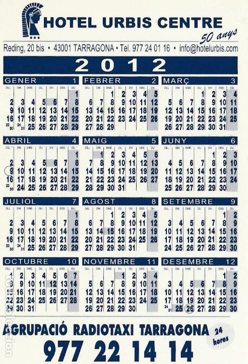 Collezionismo Calendari: CALENDARIO bolsillo - A&Ntilde;O 2011 / 2012 - HOTEL URBIS CENTRE - TARRAGONA - PUBL RADIOTAXI - NUEVO