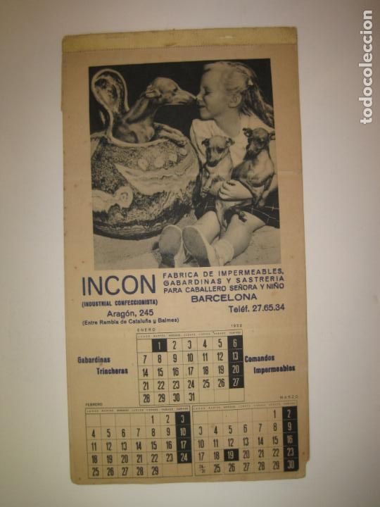 Coleccionismo calendarios: BARCELONA-ICON-FABRICA IMPERMEABLES...-A&Ntilde;O 1952-CALENDARIO PUBLICIDAD ANTIGUO-VER FOTOS-(V-23.148)