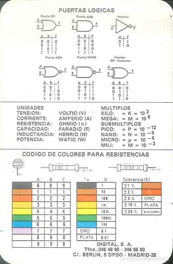 Colecionismo Calend&aacute;rios: CALENDARIO PUBLICIDAD DIGITAL S.A. (MADRID) - PUERTAS L&Oacute;GICAS - COLORES RESISTENCIAS - A&Ntilde;O 1984